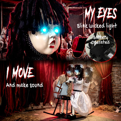 Animated Halloween Girl Riding Horse, Halloween Animatronics with Creepy Rhymes, Glowing Eyes, Sound/Touch Activated