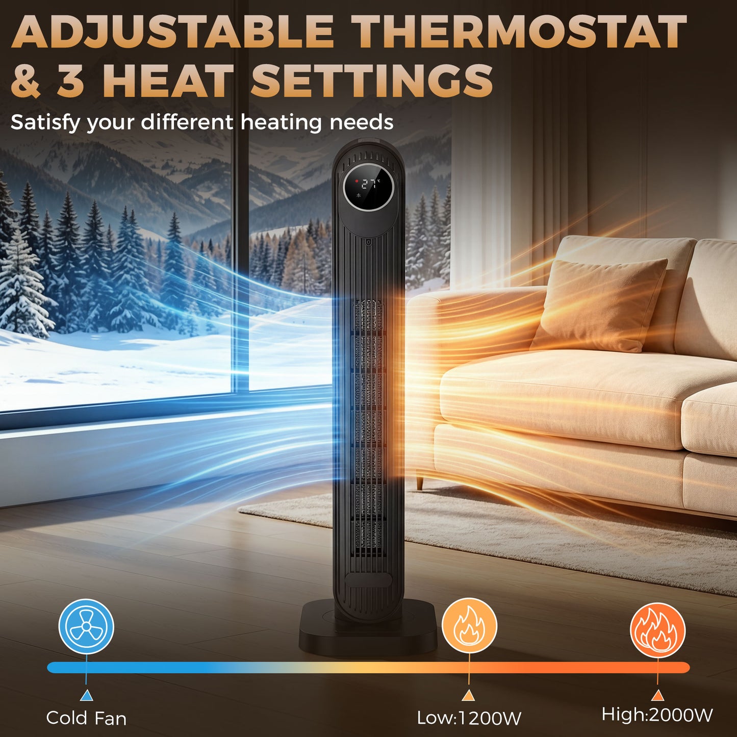 2000W Ceramic Electric Heater with Fan, Timer, Oscillation - Black