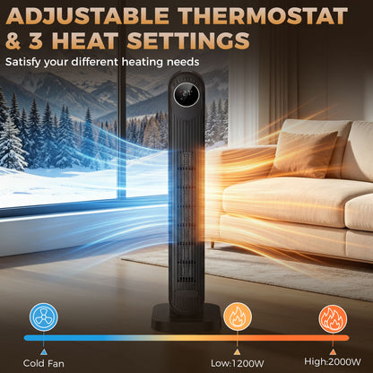 2000W Ceramic Electric Heater with Fan, Timer, Oscillation - Black