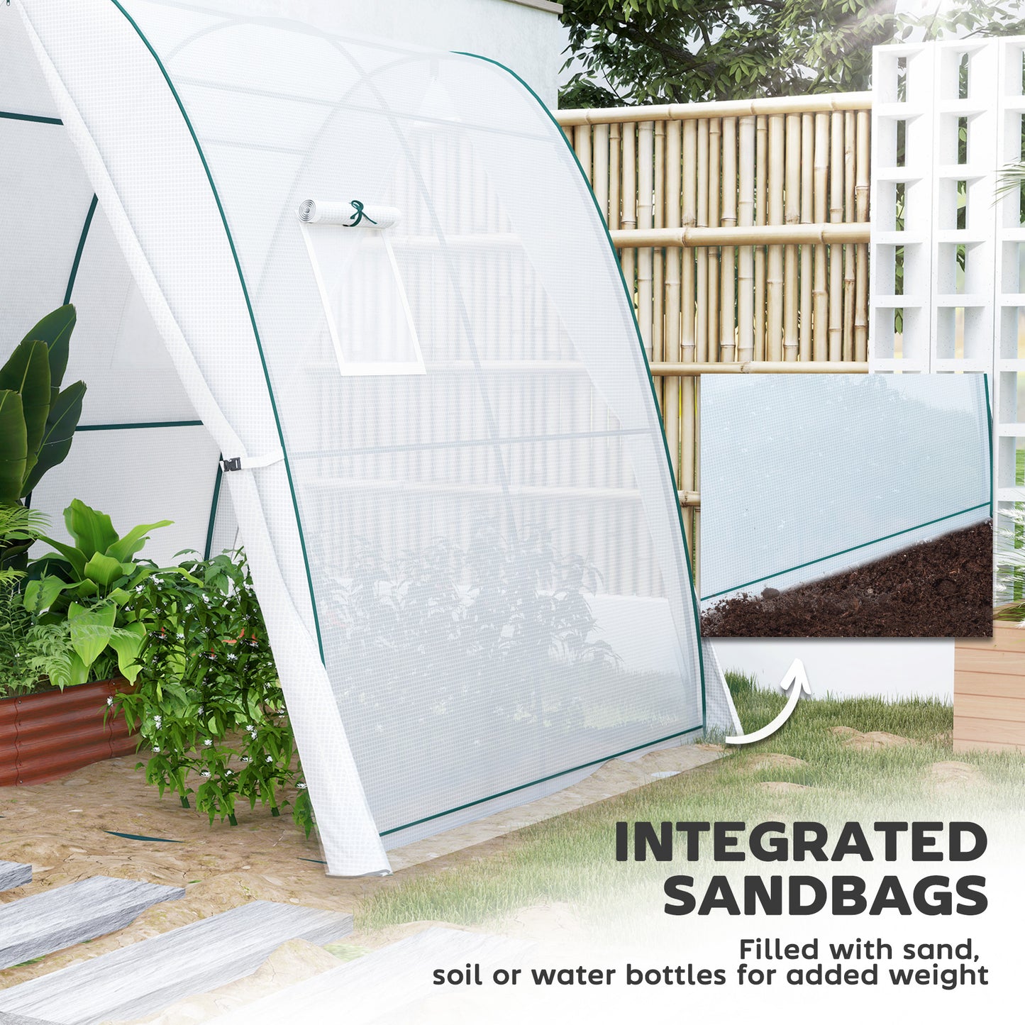 Polytunnel Greenhouse with Sandbags, Walk-In Tunnel Green House with 2 Doors and Screen Windows, 1.8 x 1.8 x 2m, White