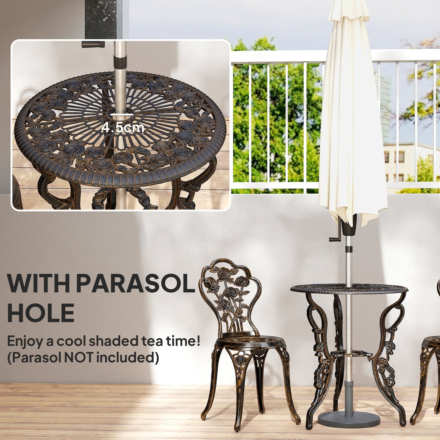Outdoor Bistro Set Vintage Rose Design Patio Furniture Set with Round Table and 2 Chairs Metallic Finish