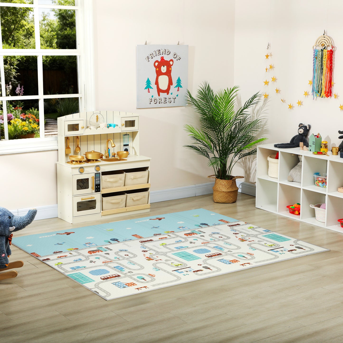 Foldable Baby Plat Mat Double Sided, Kids Floor Mat for Crawling, 200L x 150W cm, Car track and Owl Theme