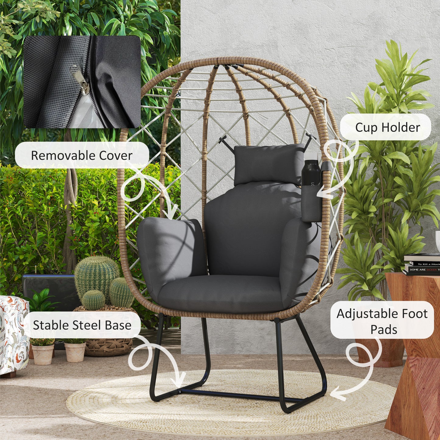 Rattan Egg Chair Outdoor Indoor Wicker Chair with Thickened Cushion and Headrest, Standing Garden Egg Chair with Cup Holder
