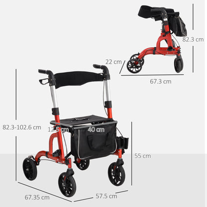 Lightweight Walking Frame, Folding Rollator Walker with Seat and Backrest, Red