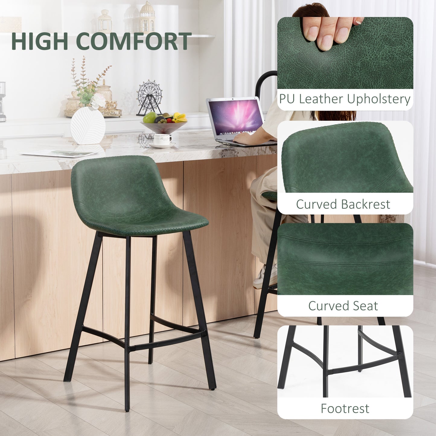 Bar Stools Set of 2, PU Leather Dining Stools with Backrest, Footrest, for Kitchen, Counter, Breakfast Bar, Green