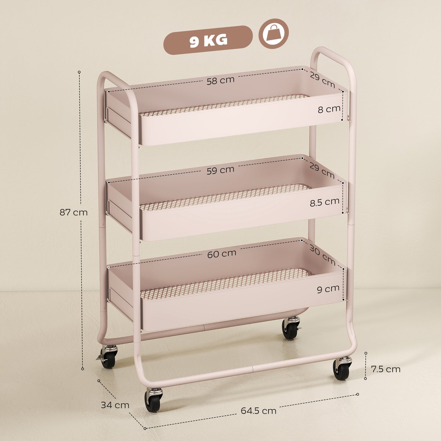 3-Tier Storage Trolley on Wheels, Rolling Utility Cart with Mesh Backets for Kitchen, Bathroom, Bedroom, Light Pink