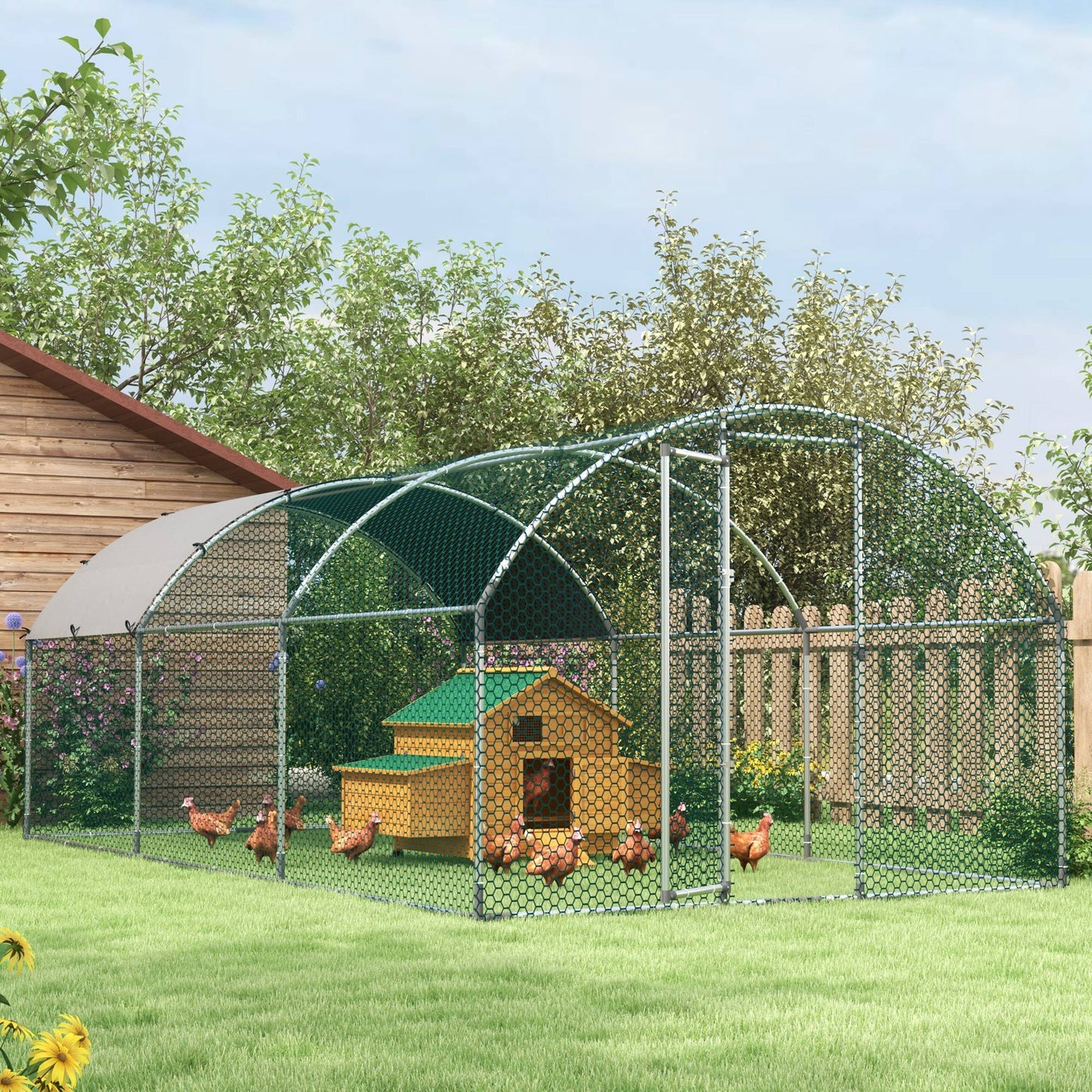 Large Galvanised Chicken Coop with Cover 5.7x2.8x2m Outdoor for Hens - Silver Grey