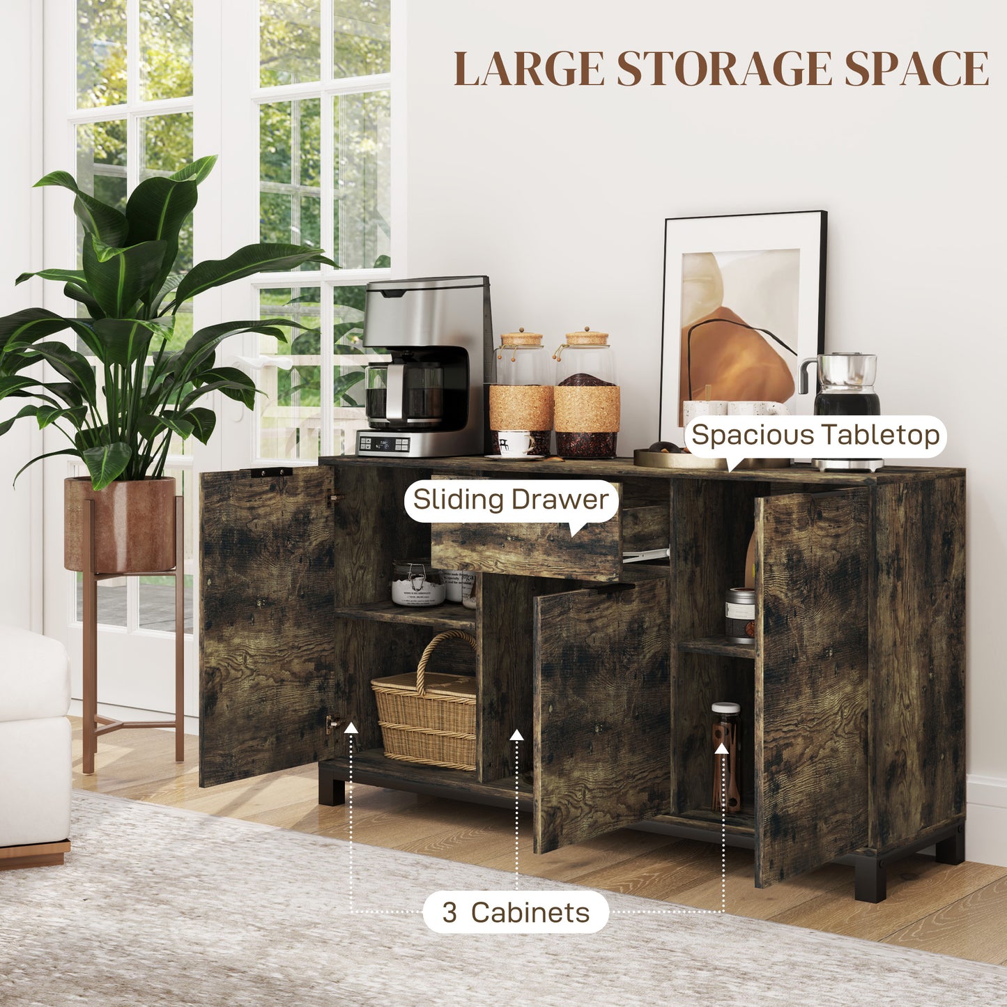 Sideboard, Industrial Storage Cabinet with Doors, Drawer, Cupboard and Adjustable Shelves for Living Room, Dining Room
