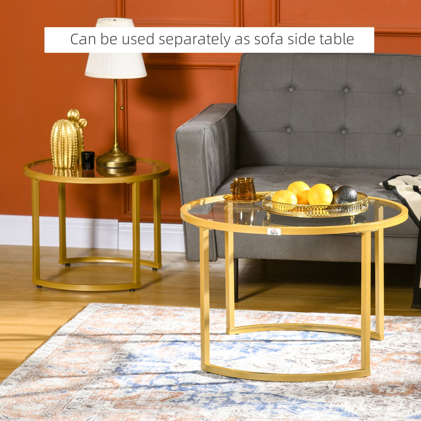 Coffee Table Set of 2, Modern Nest of Tables with Tempered Glass Top, Steel Frame for Living Room, Gold Tone