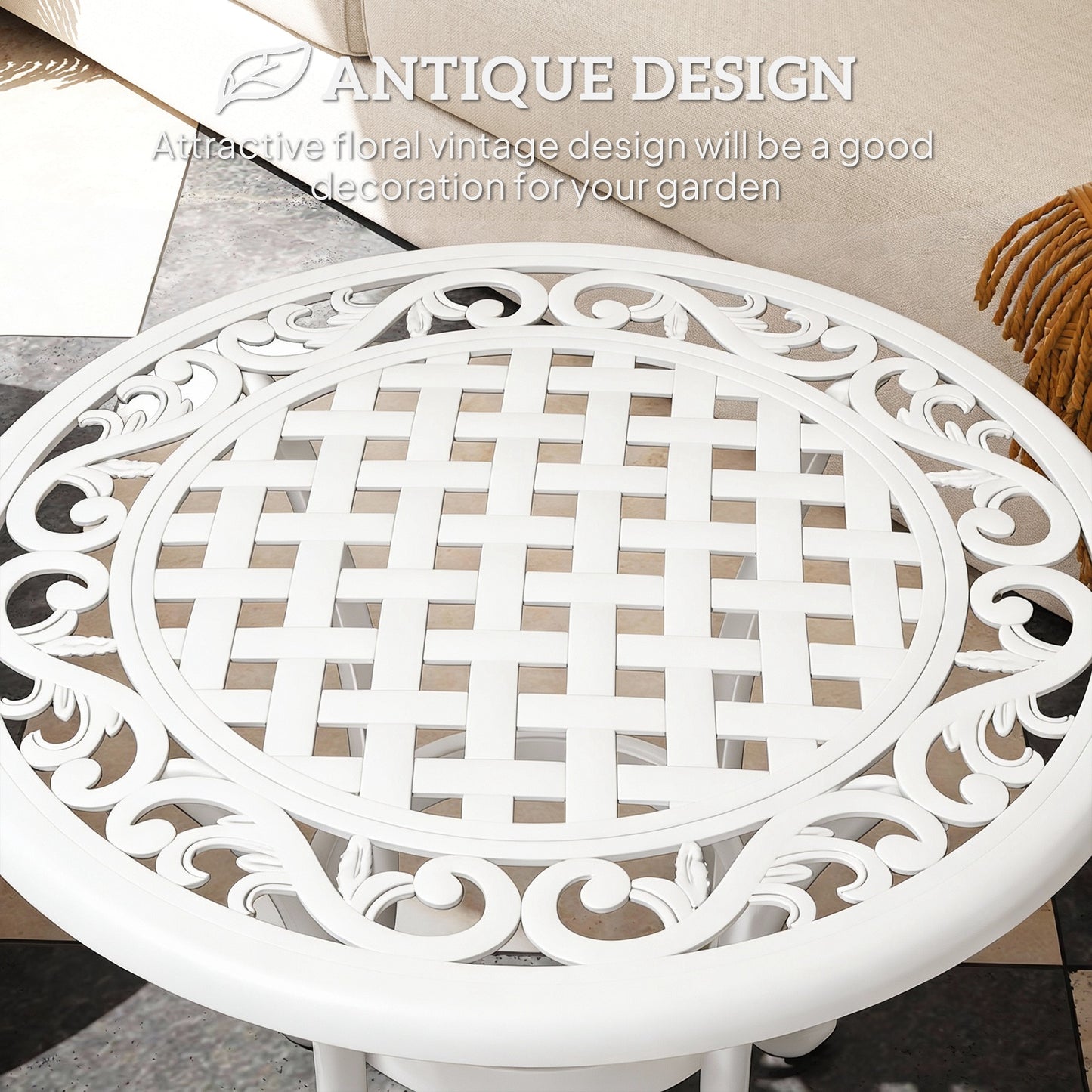 60 cm Round Garden Table, Cast Aluminium Outdoor Patio Table, White