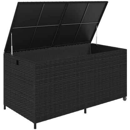 650L Garden Storage Box with 2 Wheels, Rattan Deck Box with Waterproof Zipped Liner, Safe Pneumatic Rods, Black