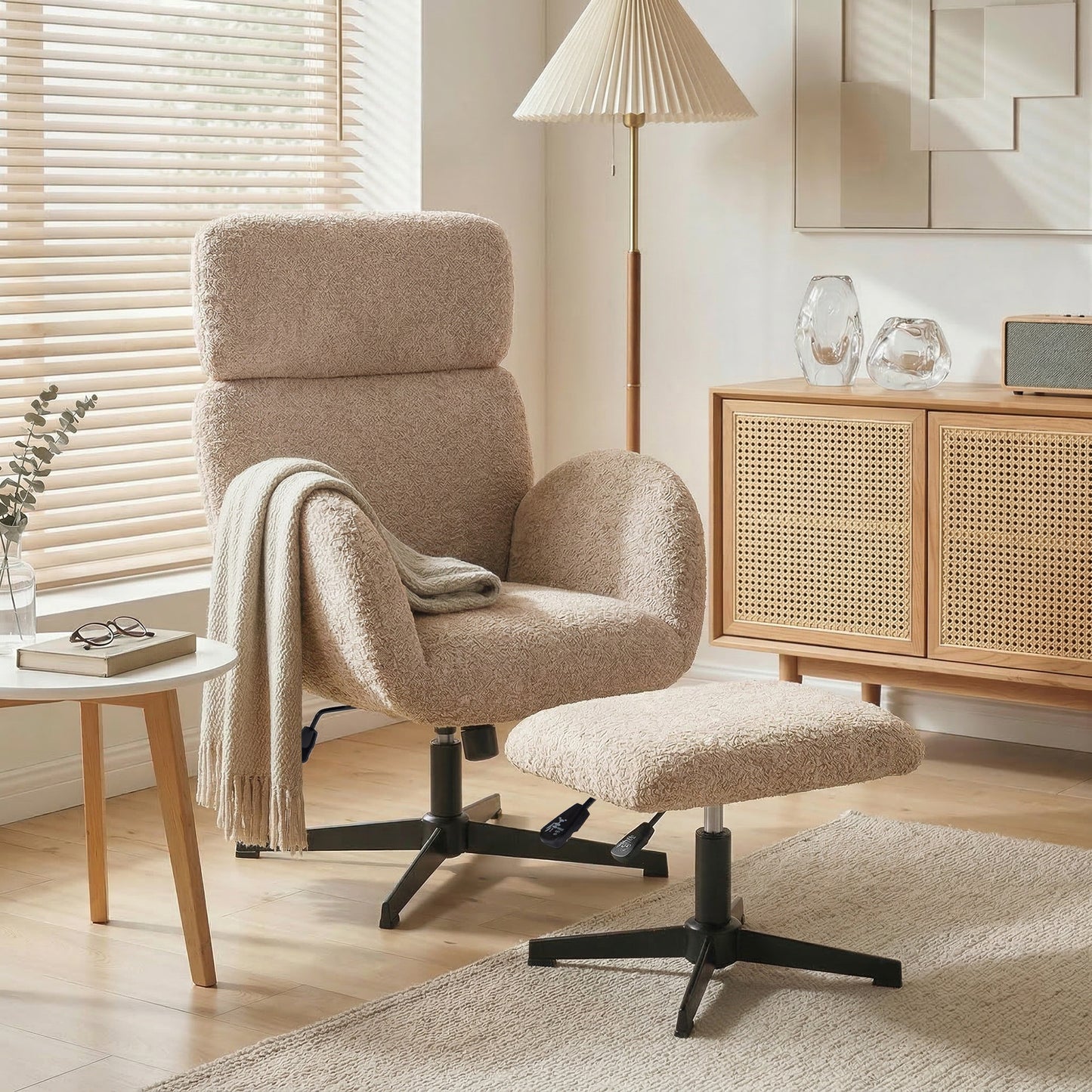 Swivel Armchair and Footstool Set, Height Adjustable Accent Chair with Adjustable Headrest, Rocking Function, Light Brown