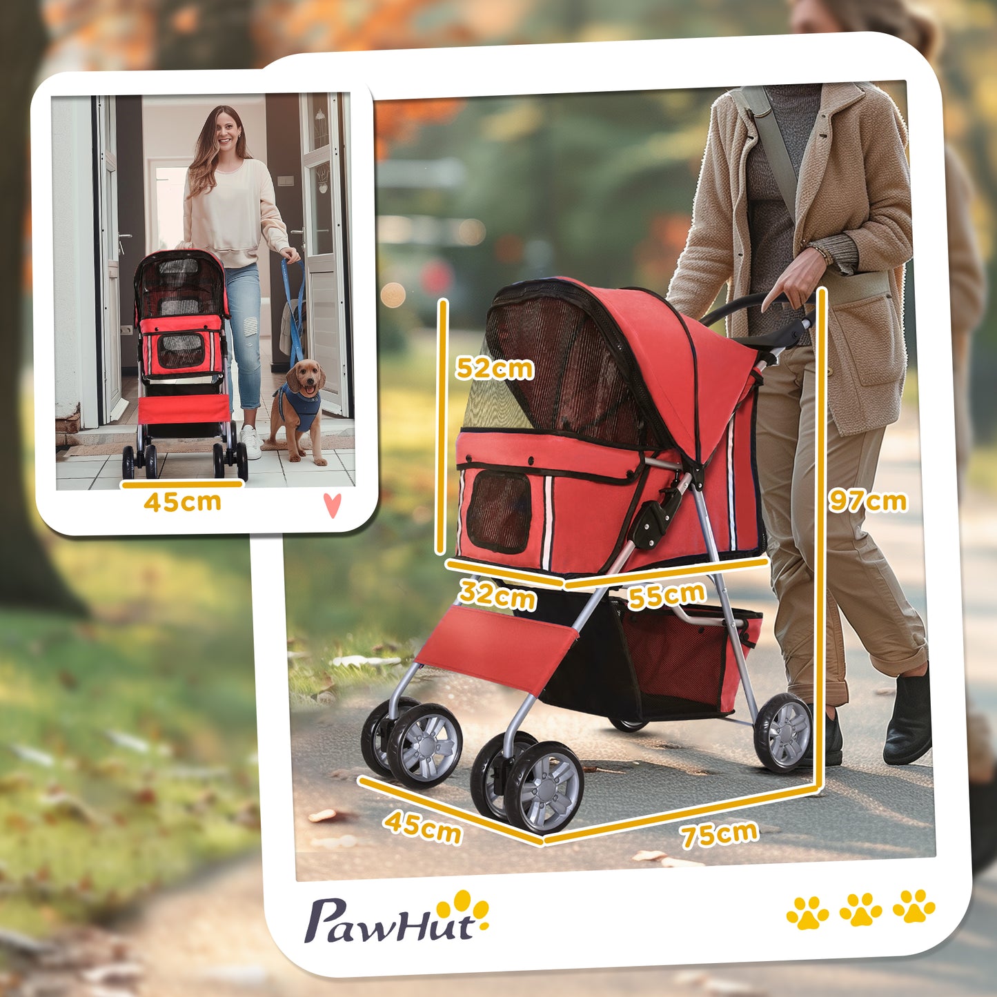 Pet Stroller for Small Miniature Dogs Cats Foldable Travel Carriage with Wheels Zipper Entry Cup Holder Storage Basket Red