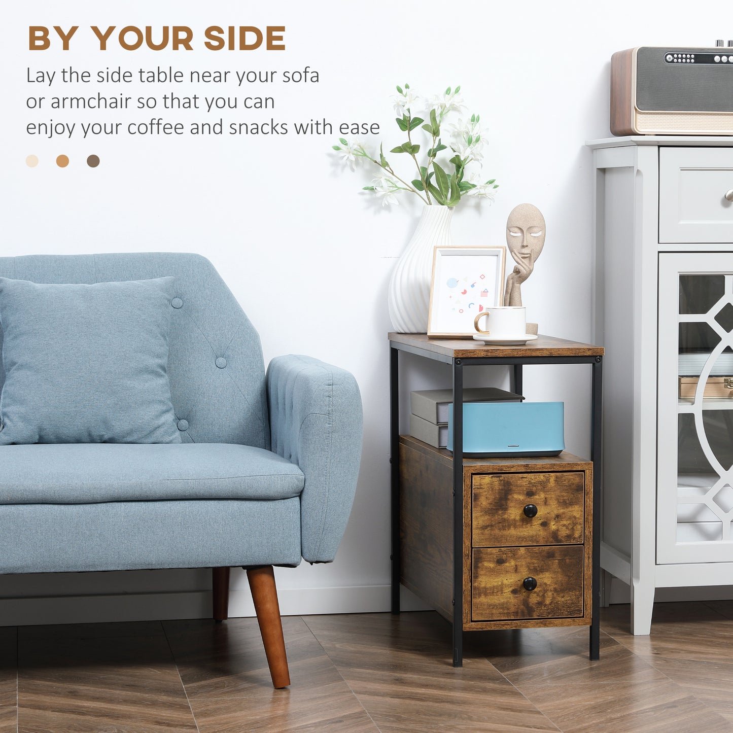 Side Table, Narrow Bedside Table with 2 Drawers and Storage Shelf, Industrial End Table with Metal Frame for Small Spaces