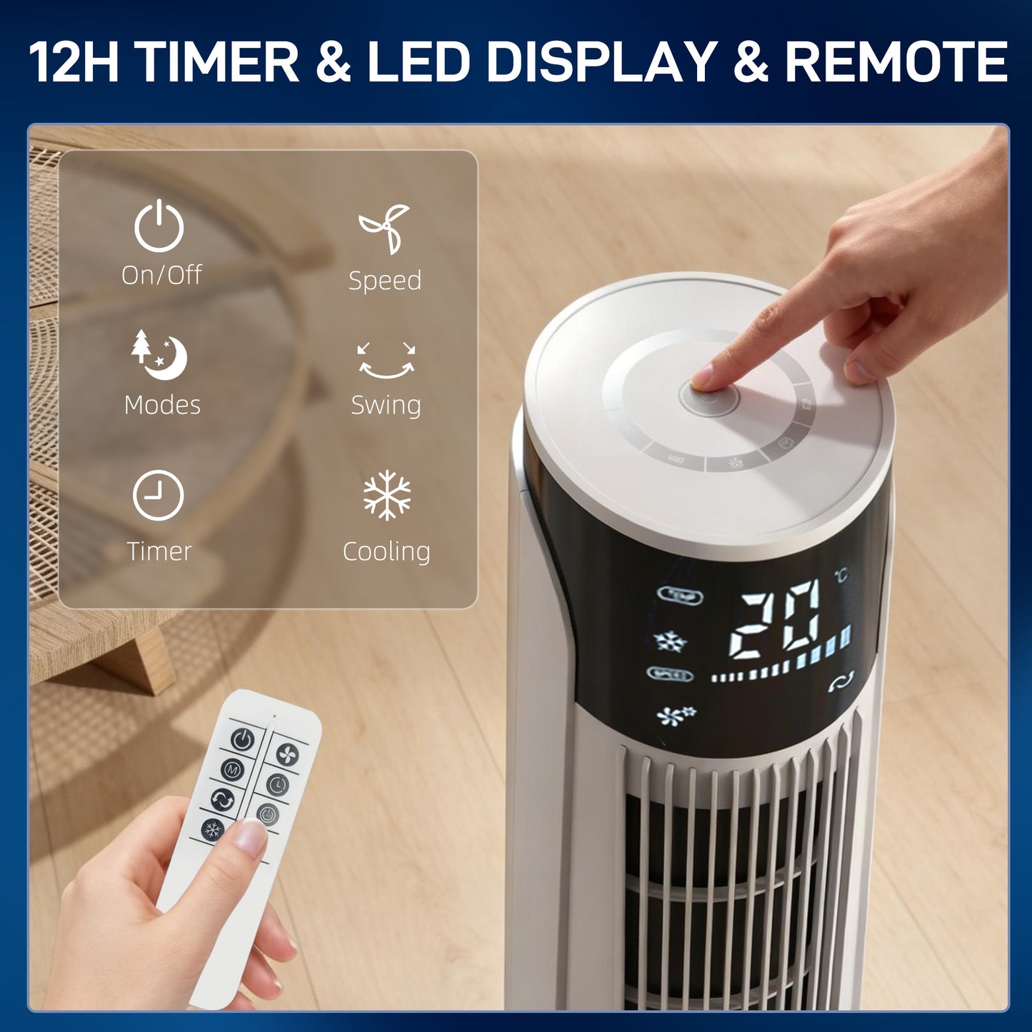 Air Cooler with LED Display and Remote Control, Oscillating Ice Cooling Fan with 3 Speeds, 4 Modes, 12 Hour Timer, White