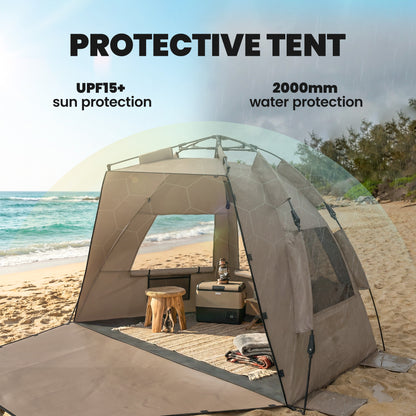 2-3 Person Pop Up Beach Tent, UPF15+ Sun Shelter with Extended Floor, Sandbags, Mesh Windows and Carry Bag, Brown