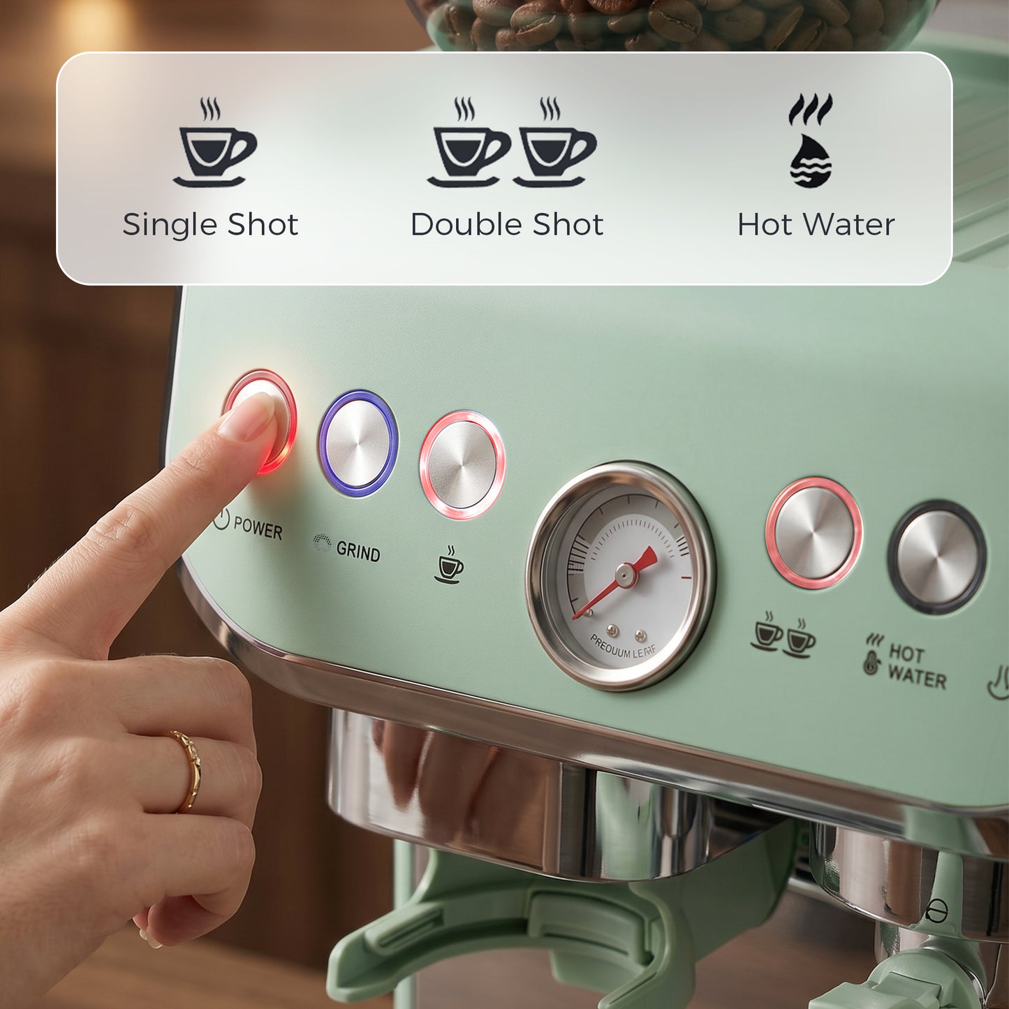 15 Bar Coffee Machine, with Adjustable Grind, Steamer and Accessories - Light Green