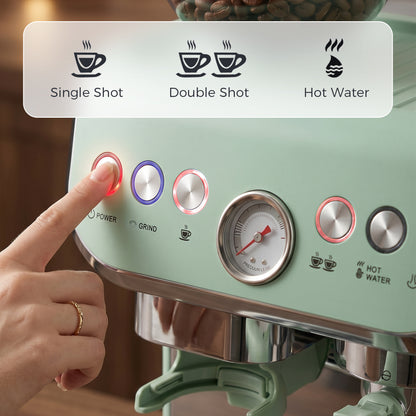 15 Bar Coffee Machine, with Adjustable Grind, Steamer and Accessories - Light Green