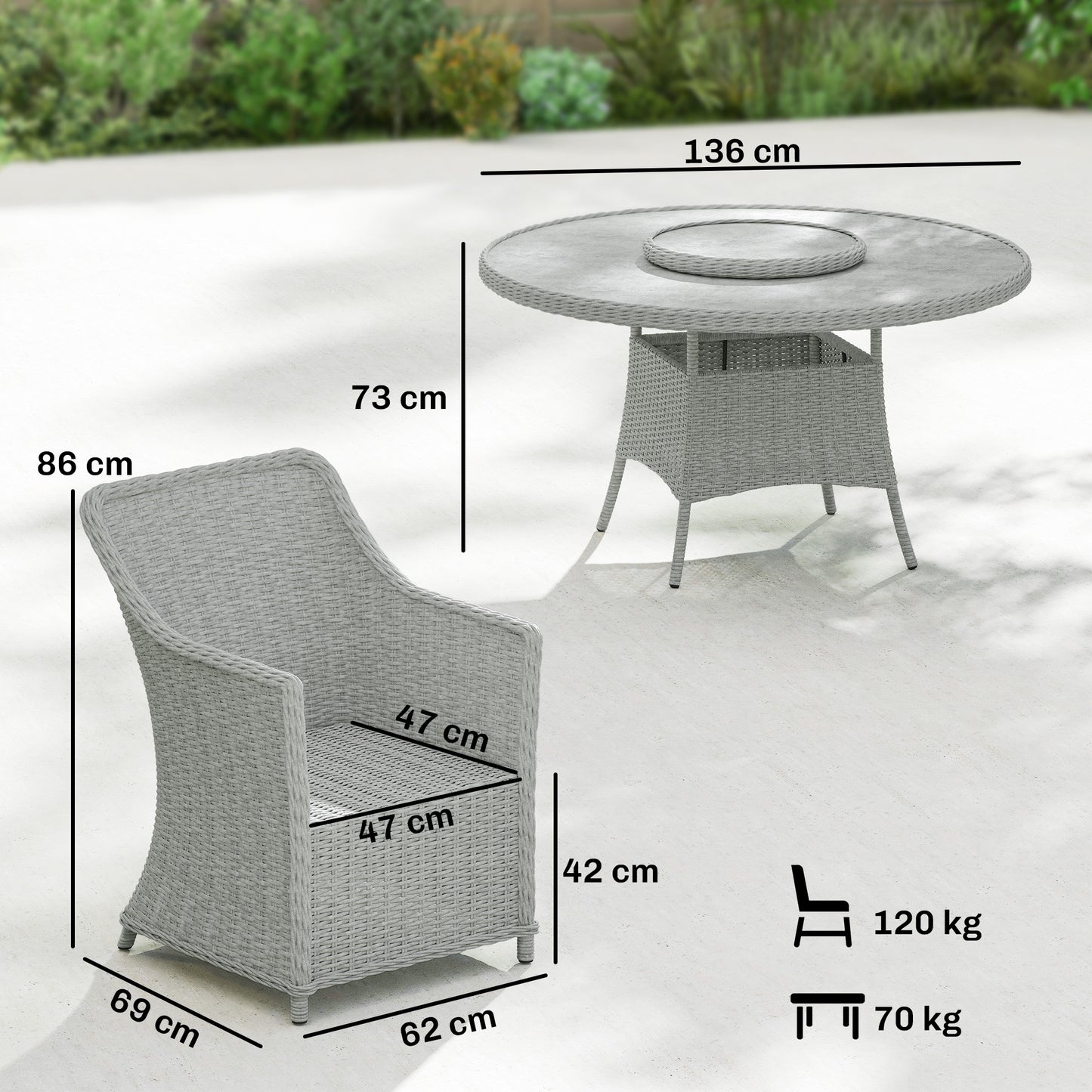 Rattan Garden Dining Set with Turntable, Marble Effect Glass Round Garden Table and Chairs with Aluminium Frame, Grey