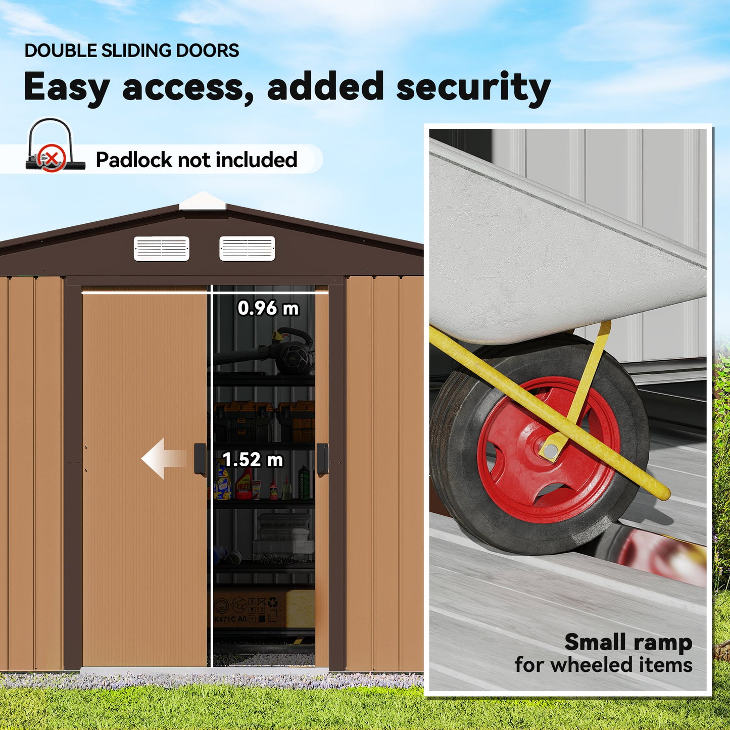 9 x 6ft Metal Garden Shed, Outdoor Storage Tool House with Ventilation Slots, Foundation Kit and Lockable Double Doors