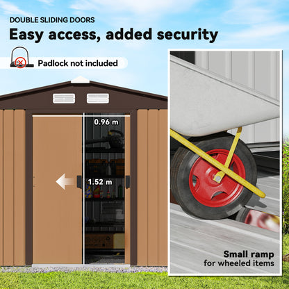 9 x 6ft Metal Garden Shed, Outdoor Storage Tool House with Ventilation Slots, Foundation Kit and Lockable Double Doors