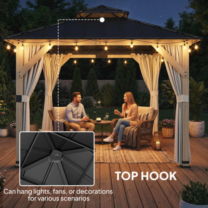 3 x 3 m Outdoor Hardtop Gazebo Canopy with 2-Tier Steel Roof, Wood Garden Gazebo with Curtains, Light Grey