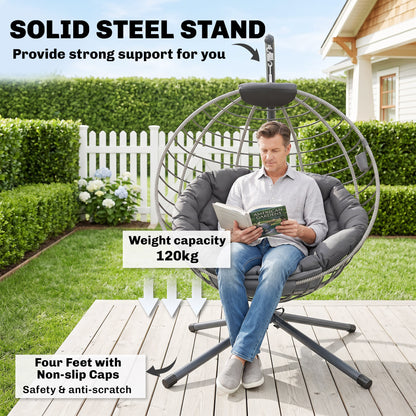 PE Rattan Swing Chair, Outdoor Hanging Chair with Metal Stand, Thick Padded Cushion, Foldable Basket and Cup Holder