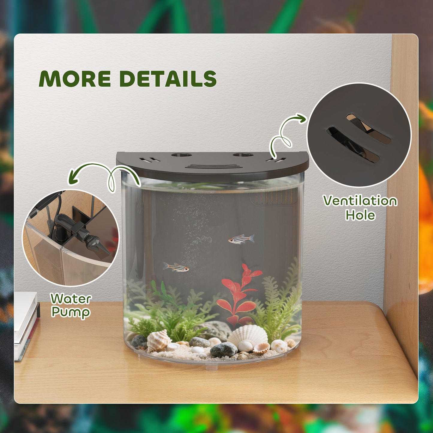 3L Small Fish Tank with Filter System, LED Light, Small Fish Tank for Betta, Shrimp, Black