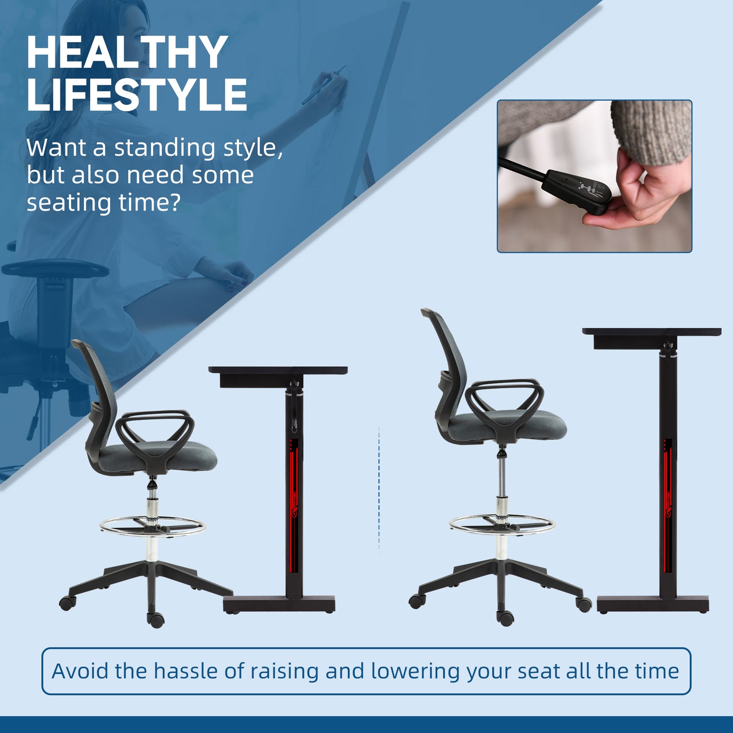102.5-126cm Draughtsman Office Chair, with Footrest - Grey