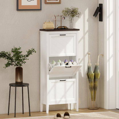 Shoe Cabinet with 3 Flip Drawers, Farmhouse Narrow Shoe Storage Cabinet with Adjustable Shelves, White