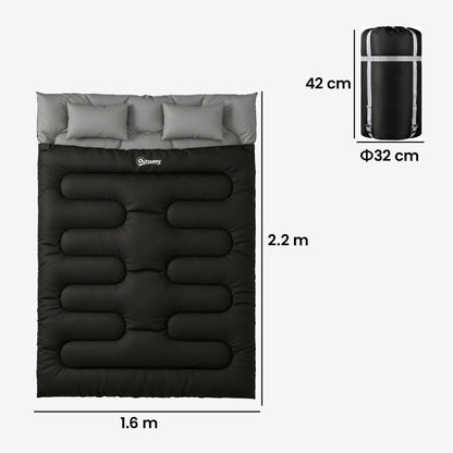 Double Sleeping Bag with 2 Pillows, 220 x 160 cm Extra-Large Sleeping Bag for Adults, Black
