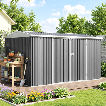 14 x 8ft Outdoor Garden Metal Storage Shed with Lockable Door, Tool Storage Box for Garden, Patio and Lawn, Grey