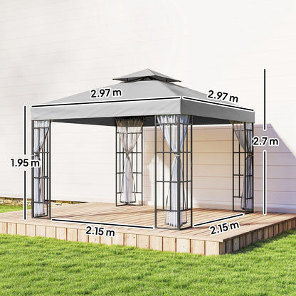 3 x 3(m) Patio Gazebo Canopy Garden Pavilion Tent Shelter with 2 Tier Roof and Mosquito Netting, Light Grey