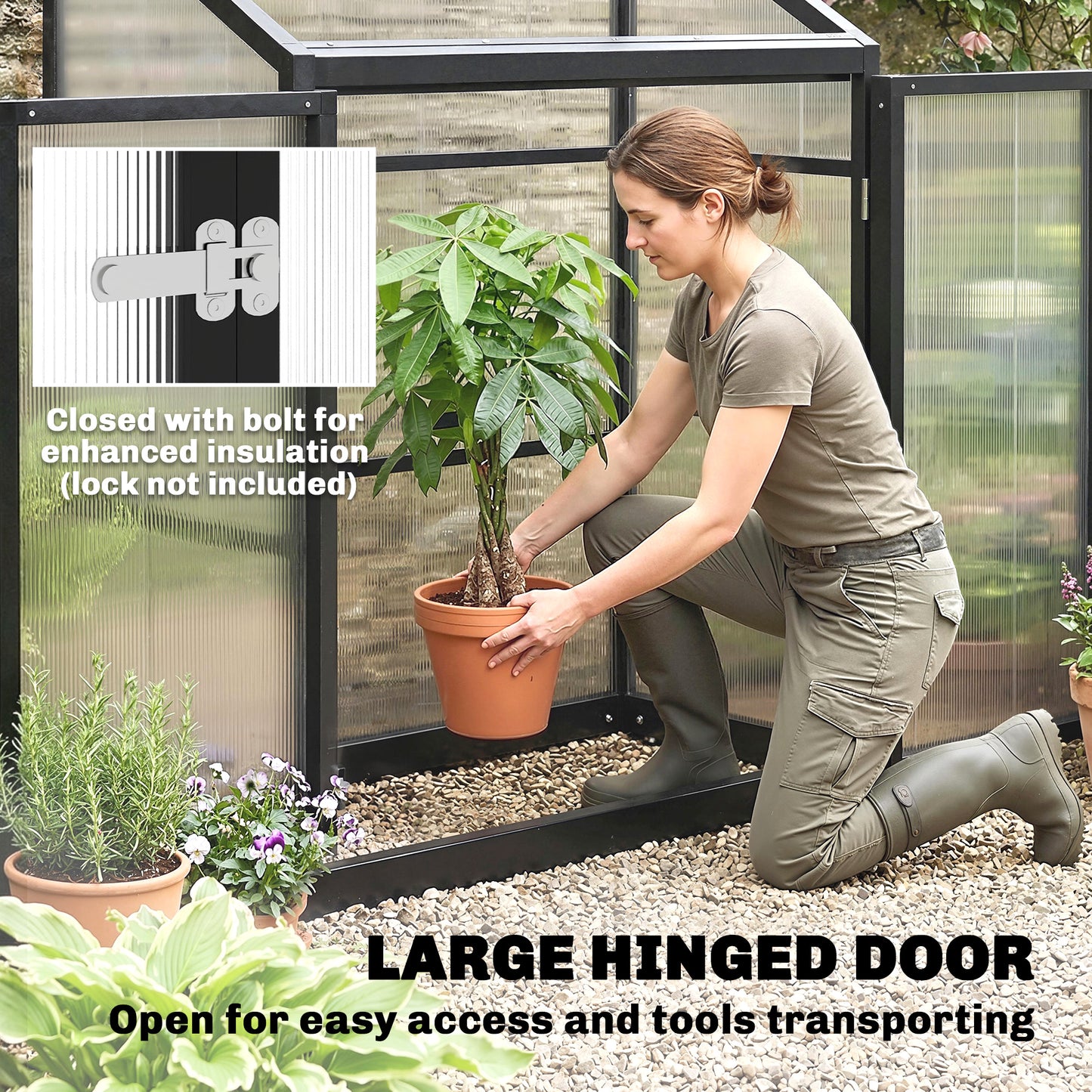 Polycarbonate Greenhouse with Hinged Door, Top Vent, Lean-to Green House, Walk-in Greenhouse, 4 x 2ft, Black