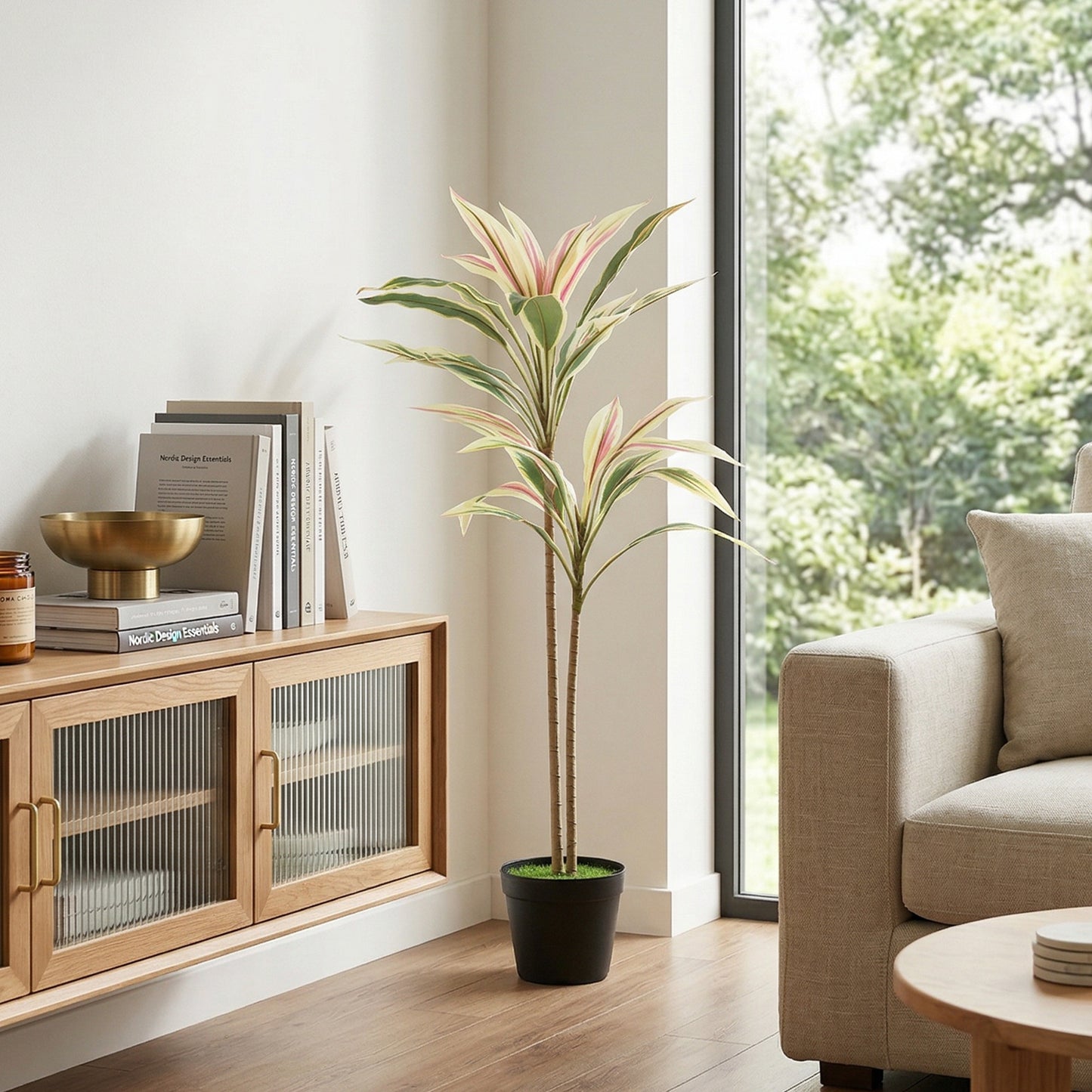 90 cm Artificial Cordyline Tree in Moss Effect Pot, Realistic PEVA Faux Plant, Yellow