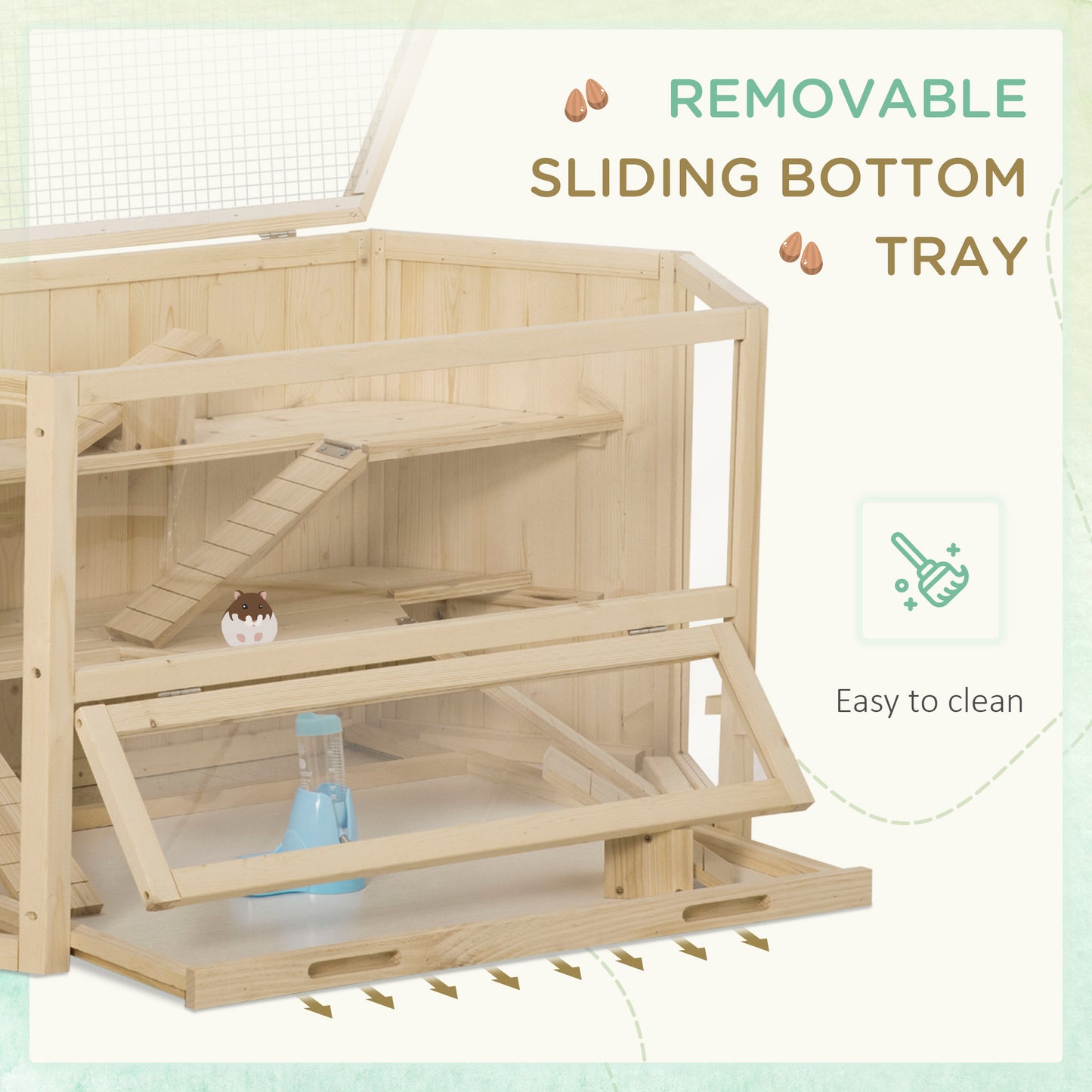 3 Tier Wooden Large Hamster Cage with Sliding Tray, Seesaws, Water Bottle, Natural
