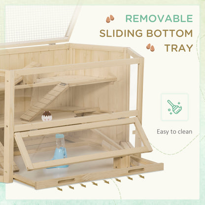 3 Tier Wooden Large Hamster Cage with Sliding Tray, Seesaws, Water Bottle, Natural