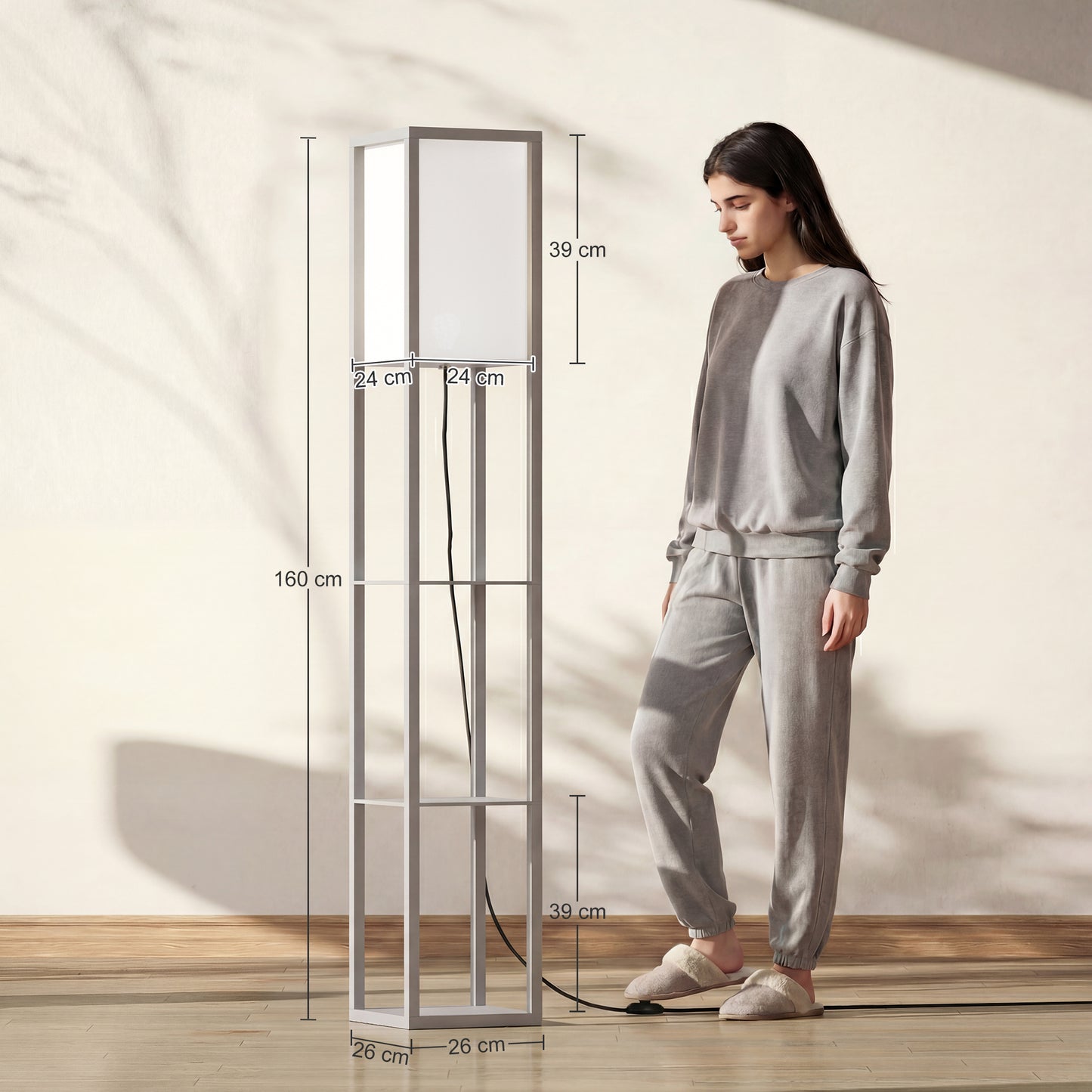 3-Tier Floor Lamp with Shelves and Storage, Modern Corner Standing Lamp with Lampshade, Foot Switch for Living Room, Bedroom