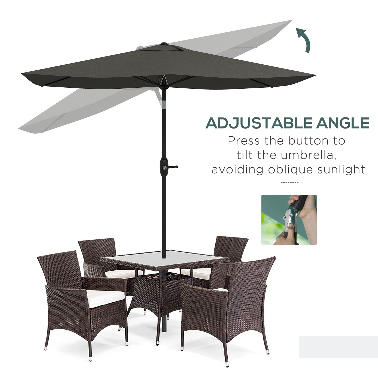 2 x 3(m) Garden Parasol Umbrella, Rectangular Outdoor Market Umbrella Sun Shade with Crank & Push Button Tilt, 6 Ribs