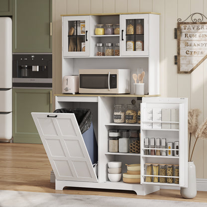 175cm Tall Kitchen Cabinet, Kitchen Cupboard with Rubbish Bin Cabinet, 3 Door Shelves and 2 Acrylic Doors, White