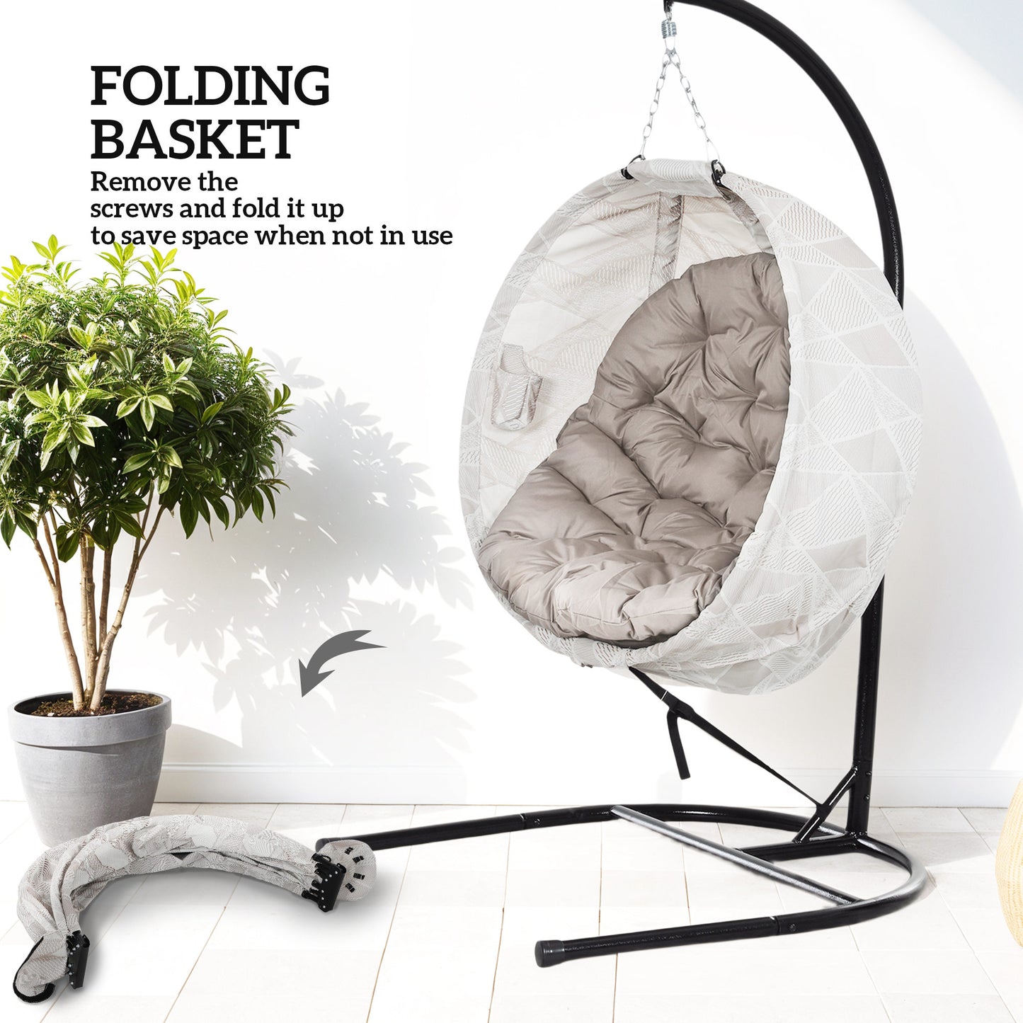 Hanging Egg Chair Outdoor Indoor Garden Swing Chair with Folding Basket, Garden Hanging Chair with Stand, Thickened Cushion