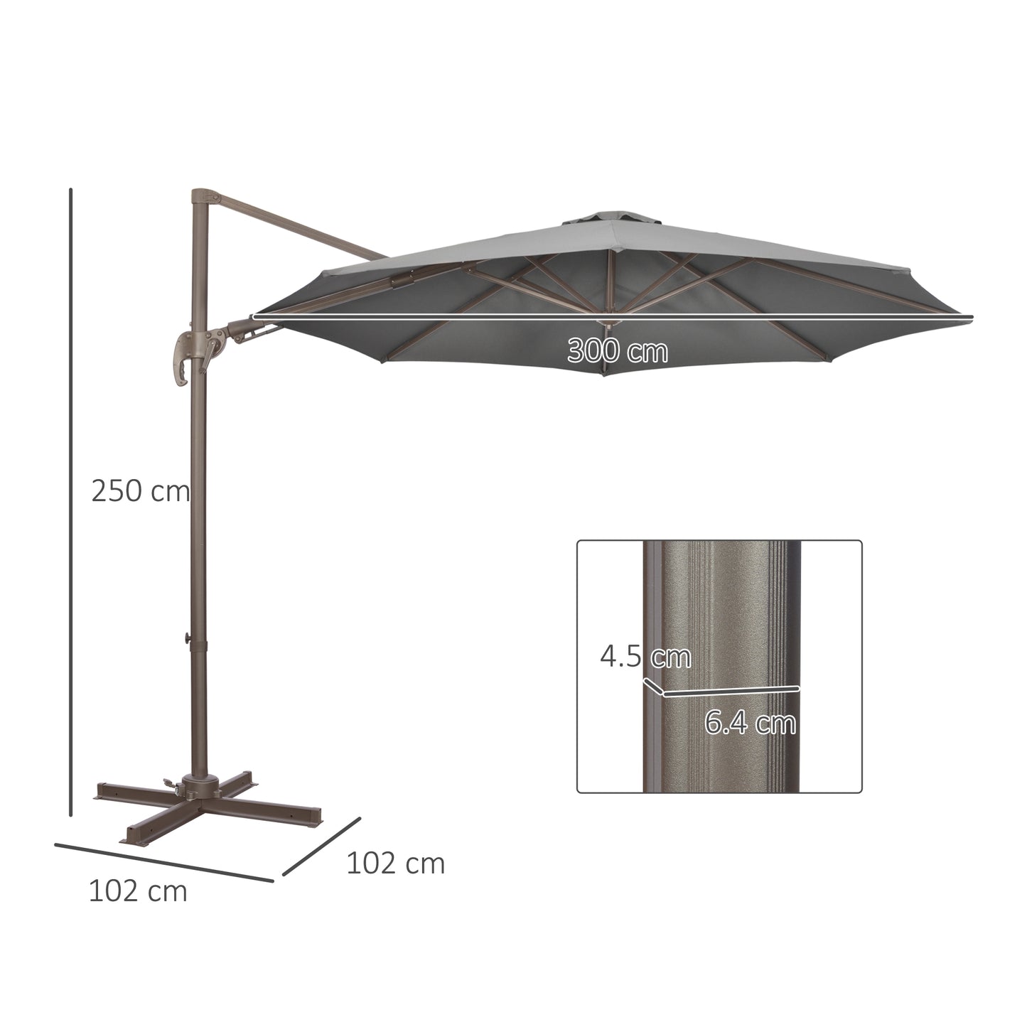 3(m) Cantilever Parasol 360° Rotation Roma Umbrella Hanging Sun Shade with Aluminium Frame, Tilt Crank