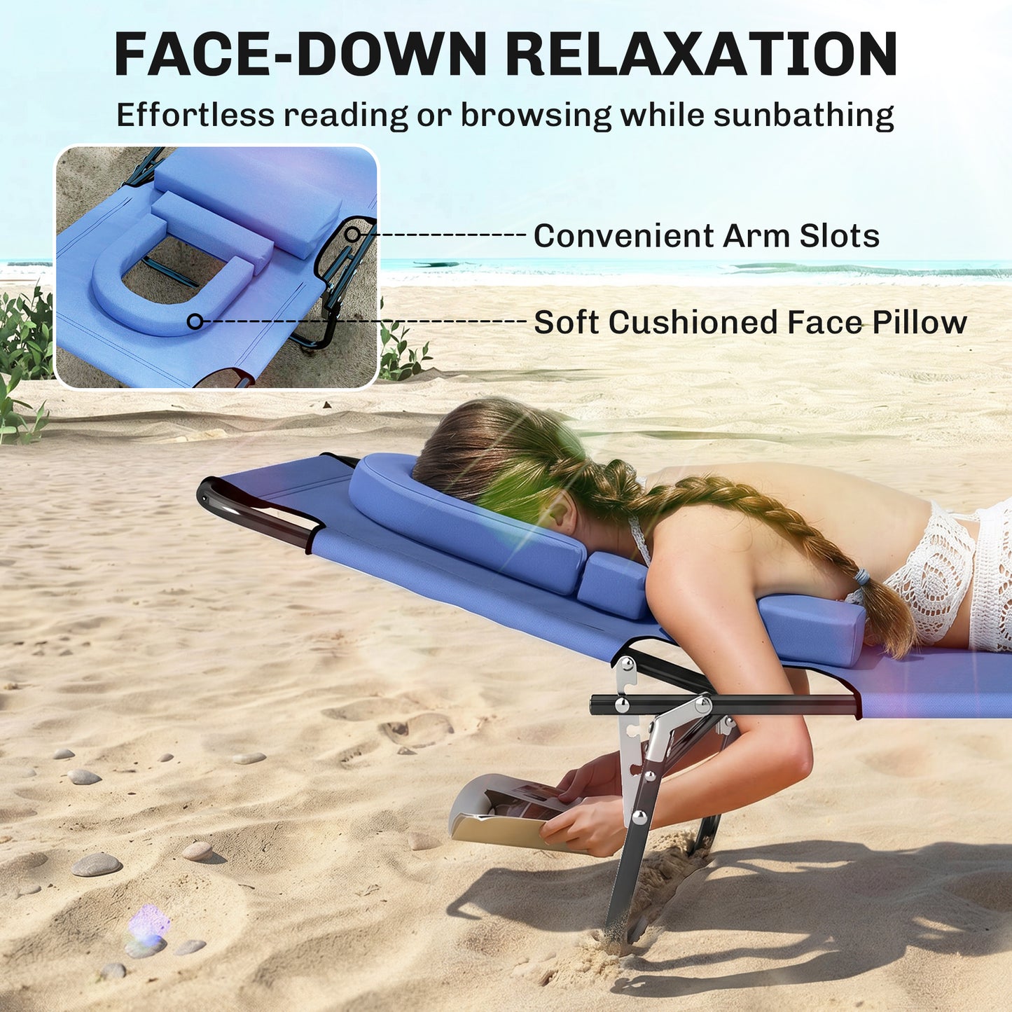 Folding Sun Lounger with Face Hole, 4-Position Adjustable Backrest Garden Recliner Chair Sunbed, Outdoor Lounge Chair