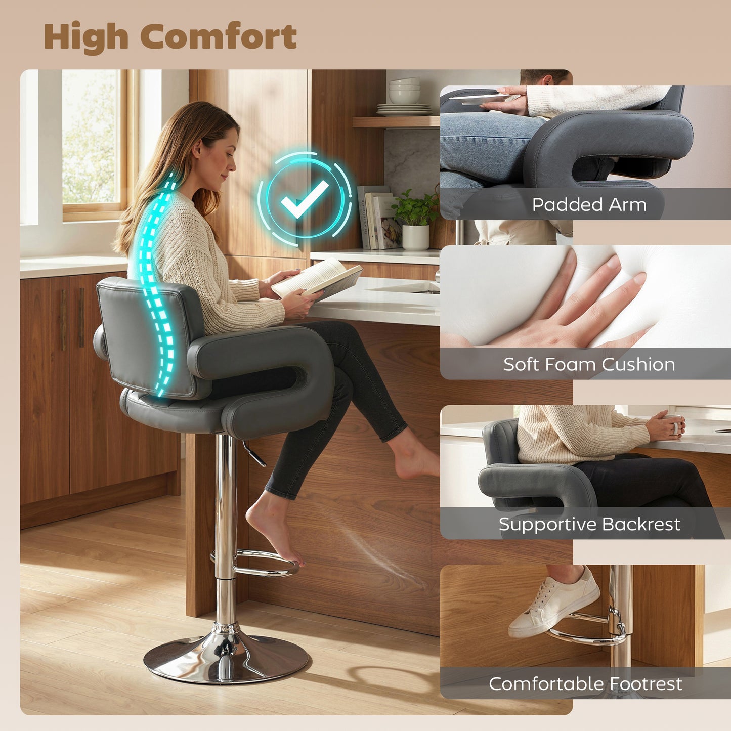 Bar Stools Adjustable Swivel Kitchen Chairs with Backrest Armrest Set of 2 PU Leather Grey