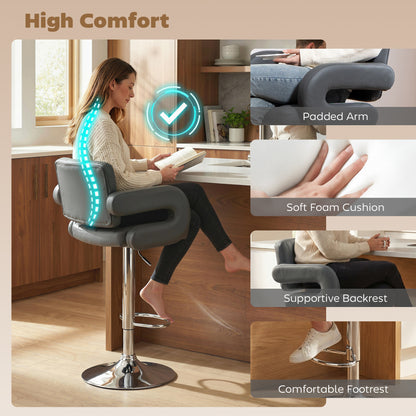 Bar Stools Adjustable Swivel Kitchen Chairs with Backrest Armrest Set of 2 PU Leather Grey