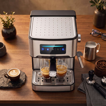 Espresso Machine, 20-Bar Cappuccino Coffee Maker with Frother Wand, 1.6L Tank, Single/Double/Manual Shot, LED Touch