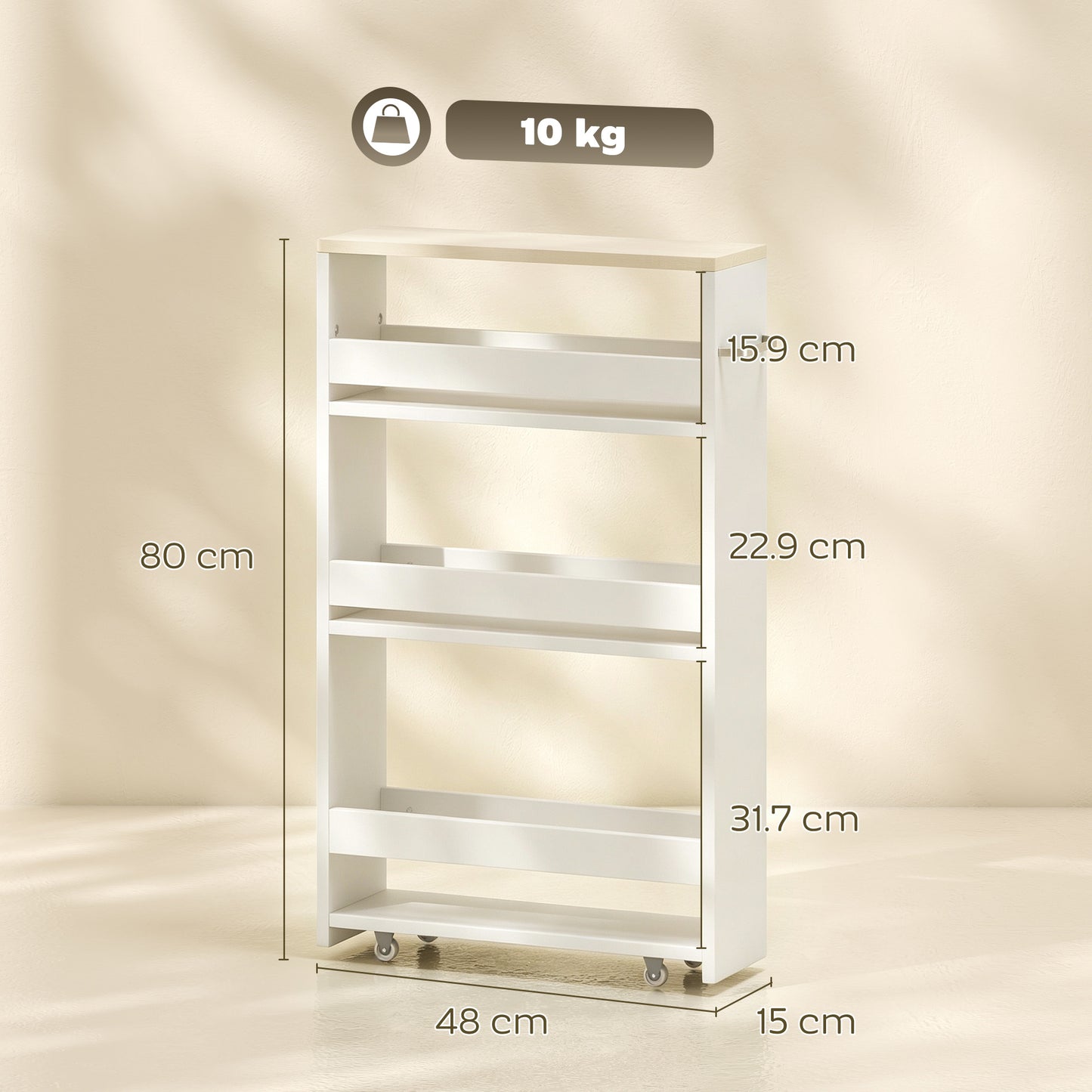 Storage Cart, 4-Tier Compact Storage Trolley on Wheels and Handle, 48W x 15D x 80H cm, White