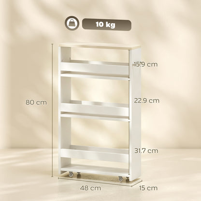 Storage Cart, 4-Tier Compact Storage Trolley on Wheels and Handle, 48W x 15D x 80H cm, White