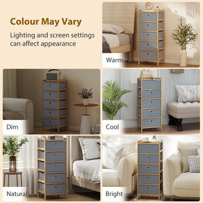 Chest of Drawers, 5 Fabric Drawers Narrow Dresser with Bamboo Frame, Light Grey
