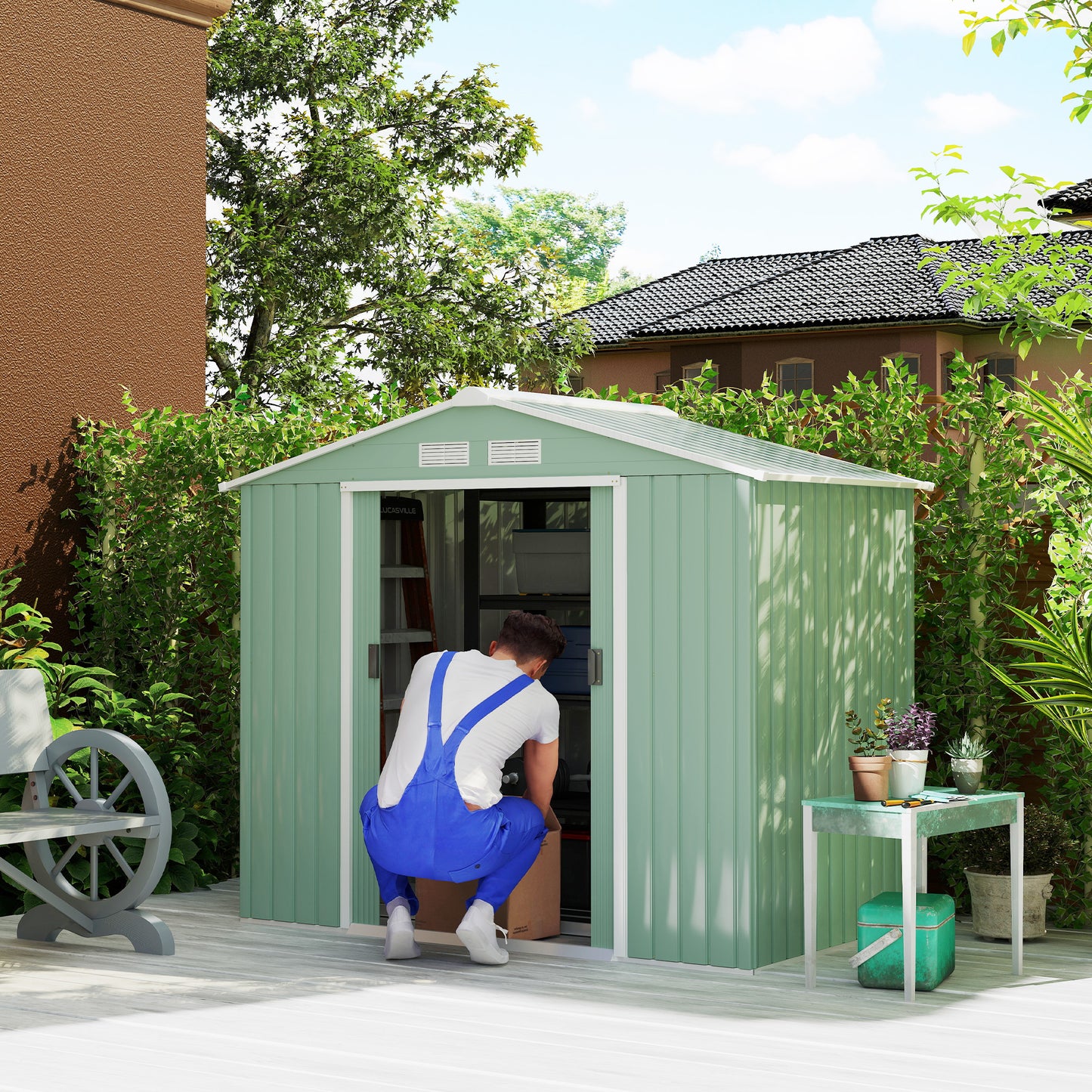 7 x 4ft Metal Garden Shed, Outdoor Storage Tool House with Ventilation Slots, Foundation Kit and Lockable Double Doors
